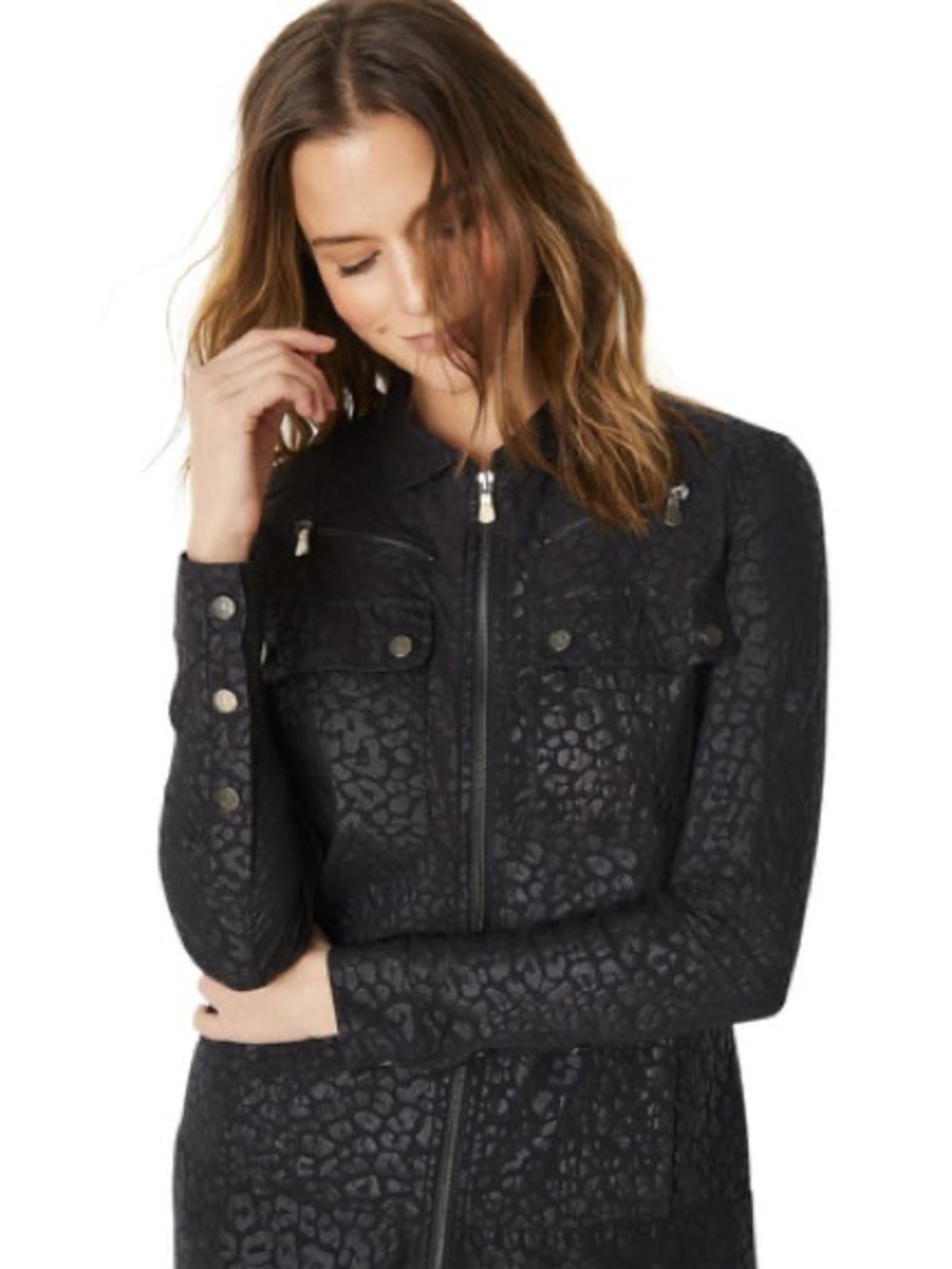 Anatomie Jacket Womens L Madeline Cheetah Embossed Cargo Pockets Zip Travel Edgy